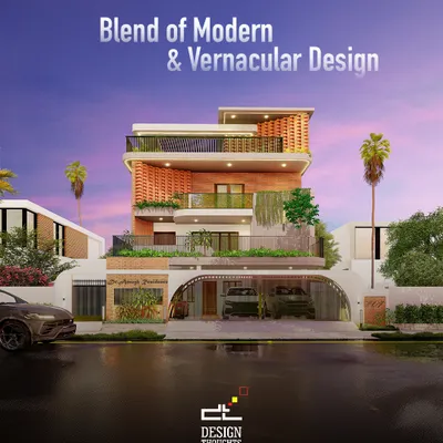 This fusion villa in Jayanagar combines a professional clinic on the ground floor with a luxurious duplex above. The design blends modern brick textures with classical curved enclosures and a G+2 bungalow layout, all aligned with Vastu principles.