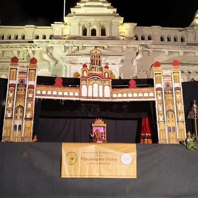 Our stage for "Vijayanagara Vaibhava," meticulously designed to reflect the architecture of the era, set before the actual Gagan Mahal. We believe in transporting the audience back in time through authentic and grand stagecraft.