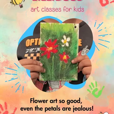 A promotional graphic for our flower art classes, featuring a student's beautiful work.