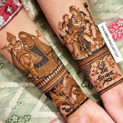 This design showcases my skill in creating divine portraits, with Radha-Krishna on one arm and Shiva-Parvati on the other, perfect for a spiritual and artistic touch.