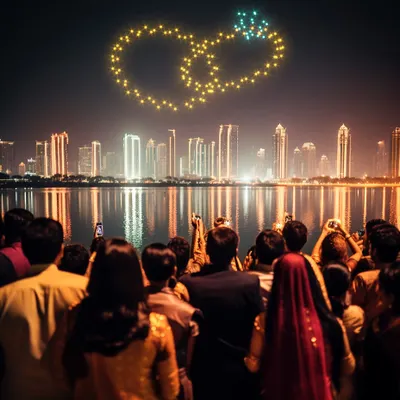 Symbolize your union with a pair of interlocking wedding rings shimmering above your guests. This display over the water adds a beautiful reflection, doubling the magic of the moment against the city skyline.