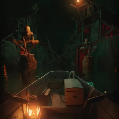 A boat with a single lantern drifts toward a decrepit dock where strange figures wait. This piece is all about building tension and atmosphere, giving the viewer the sense that they are arriving somewhere they shouldn't be.