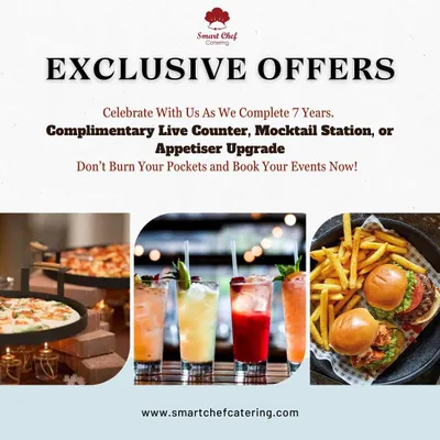 Celebrating 7 years of delicious moments! To thank you, we're offering a complimentary live counter, mocktail station, or appetizer upgrade. Book your events now and celebrate with us!