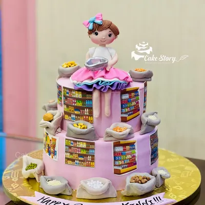 This cake was a special request for a girl who loves her family's grocery business. The two-tier design features edible prints of store shelves and handcrafted fondant sacks of grains.