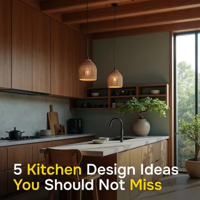 Here are five kitchen design ideas to inspire your next renovation. This cover image showcases a warm, modern kitchen with wooden cabinetry and natural light, setting the tone for the practical and beautiful concepts inside.