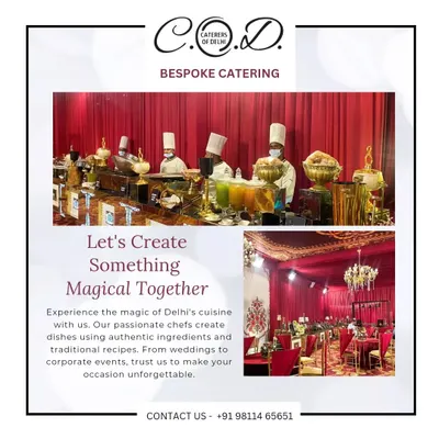 A lavish buffet setup against a rich, red-draped background. This shows our ability to match our presentation to the event's color scheme and create a truly magical atmosphere.