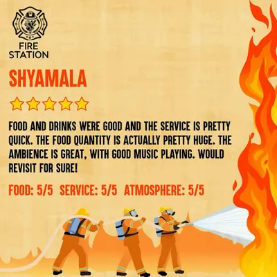 Shyamala gave us 5/5 for food, service, and atmosphere. She highlighted the quick service, huge food quantity, and great music. We're glad you'll be back for sure.