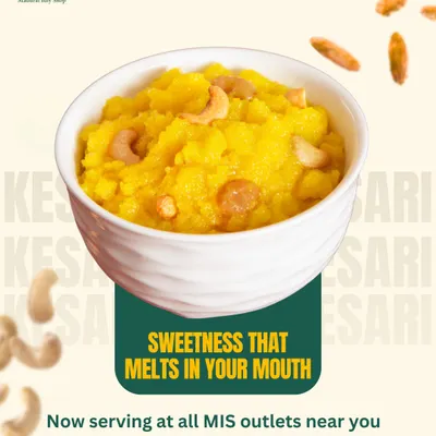 Sweetness that melts in your mouth. Every spoonful of our Kesari is rich with ghee, raisins, and roasted cashews.