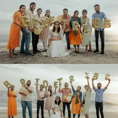 A fun-filled bridal shower on the beach, with the "Bride Tribe" celebrating with balloons and big smiles.