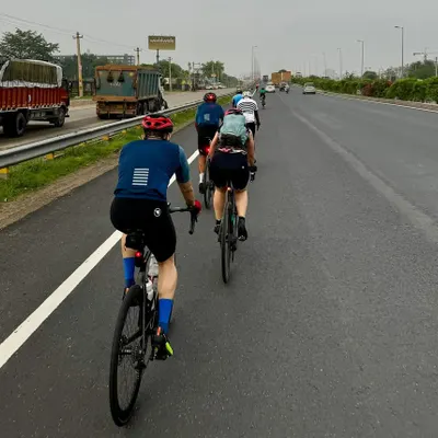 A view from within the group during our July Gran Fondo. Riding in a pack on the highway is an essential skill for any endurance cycling challenge.