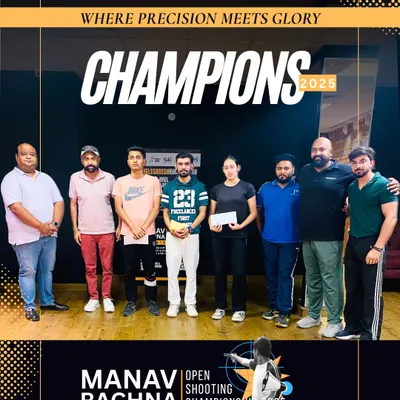 The winners and organizers of the Manav Rachna Open Shooting Championship 2025 for 10m Pistol. We pride ourselves on hosting events that bring together the nation's best shooters.