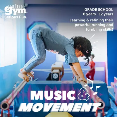 A grade school student practices on the parallel bars. Our classes for 6-12 year olds focus on refining skills like running and tumbling, all set to music and movement.