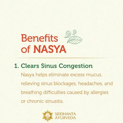 Nasya is a powerful therapy for issues above the neck. One of its primary benefits is clearing sinus congestion by helping to eliminate excess mucus, which relieves blockages and headaches.