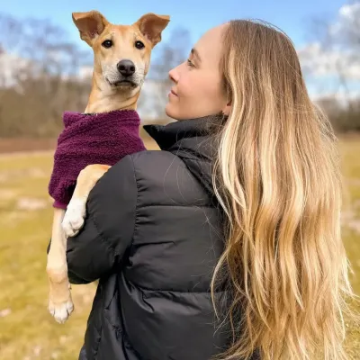BoPeep, a sweet indie dog we helped rescue, shares a beautiful moment with her mom in a field in Belgium. This picture perfectly captures the love and happiness that makes every relocation journey worthwhile.