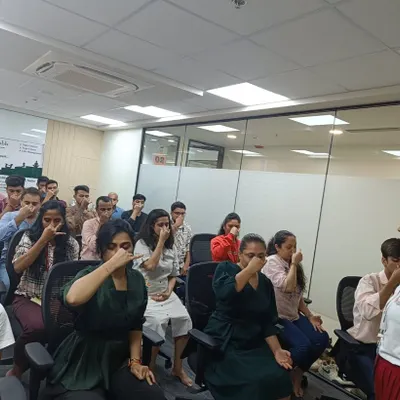 Our instructors guiding employees at Exotel Techcom Pvt. Ltd. through Nadi Shodhana (Alternate Nostril Breathing). This simple desk-friendly practice is perfect for calming the mind and improving focus during a busy workday.