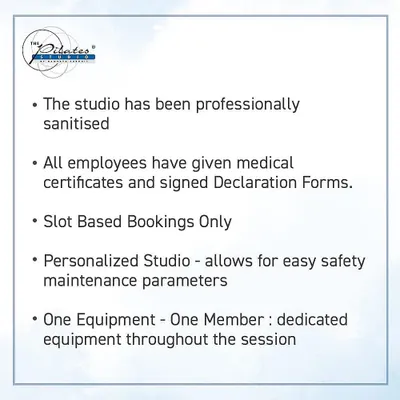 I am committed to your well being. My studio is professionally sanitized, and all bookings are slot based to manage capacity. A key rule is one member per piece of equipment for the entire session to ensure hygiene and safety.