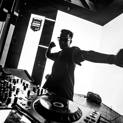 An artistic, low-angle shot of me in my element. This black and white photo captures the motion and energy I put into every performance.