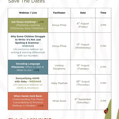 Here is a schedule of our upcoming webinars and live sessions. We bring together our experienced therapists and specialists to share knowledge on a range of topics, from parenting and learning differences to ADHD and motor skills.