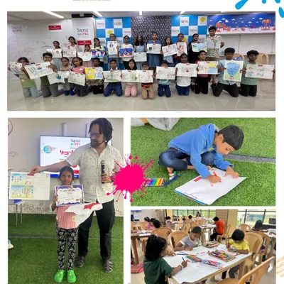 A collage from our Young Artists Contest, showing the winners, the group of participants proudly holding their artwork, and kids engrossed in the creative process.