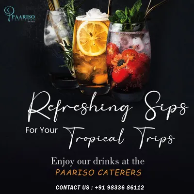 Enjoy refreshing sips with our tropical-inspired drinks. This trio of mocktails, garnished with fresh lemon, strawberries, and mint, is perfect for any celebration.