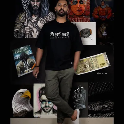 This is me, surrounded by a collage of my artworks. From hyper-realistic objects and wildlife to cultural icons and celebrity portraits, each piece represents a part of my artistic journey.