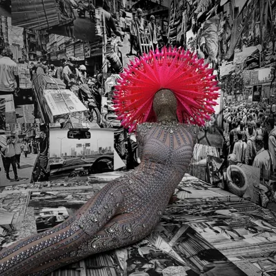 A reclining figure adorned in a jeweled bodysuit and a vibrant pink headpiece, set against a backdrop of black-and-white Mumbai street scenes. This image from my series contrasts glamour with the city's grit.