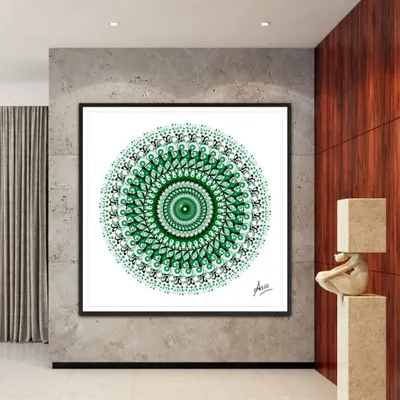 A digital mandala created with shades of green on a clean white background. This minimalist yet intricate design is perfect for a modern living room or office, adding a touch of serene, geometric art.