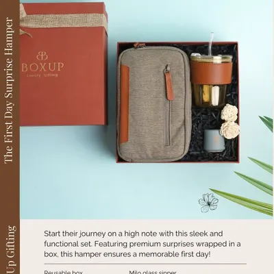 The First Day Surprise Hamper is designed to make new hires feel instantly welcome. This sleek and functional set includes a glass sipper, a boat speaker, and a canvas organizer, ensuring a memorable first day.