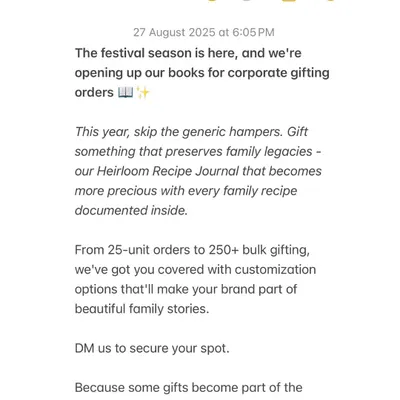 This Diwali, gift something that lasts for generations. Our Heirloom Recipe Keeper is a gift that becomes more precious with every recipe documented inside. We are now taking bulk and corporate gifting orders.