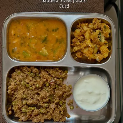 This plate of quinoa peas pulav, ridge gourd dal, sautéed sweet potato, and curd is a great example of a balanced meal. But remember, it's about progress, not perfection. One unbalanced meal won't ruin your health.