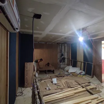 This is where it all begins. A behind-the-scenes look at a home theater during the construction phase, where we are installing the framework for the acoustic wall panels and running wiring for the audio-visual equipment.