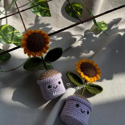Brighten up your desk or shelf with our adorable crochet sunflower mini pots. Each pot has a cute smiling face, and the sunflower is crafted with vibrant yellow yarn. They are a perfect, low-maintenance way to add some cheer to your space.