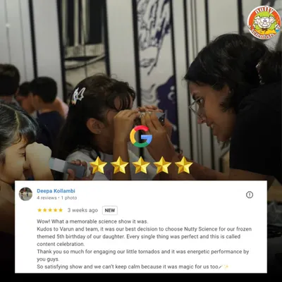 A glowing 5-star review from a happy parent who called our Frozen-themed show a "memorable science show" and "magic for us too." These words mean the world to me!