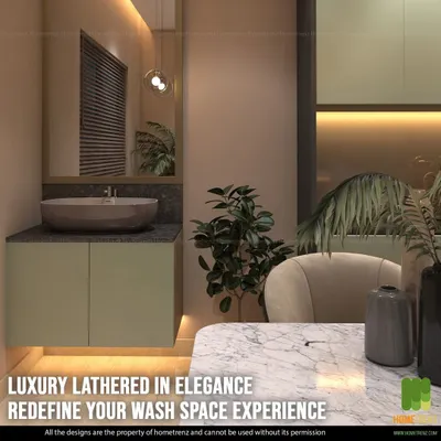 I designed this wash space to feel like a luxury retreat. It features a floating vanity with under-lighting, a stone countertop with a vessel sink, and a simple mirror with elegant pendant lighting.