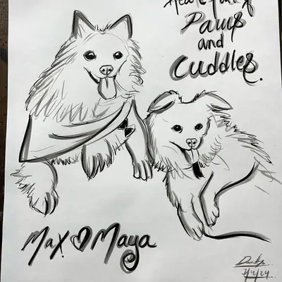 "A Heart full of Paws and Cuddles." A dedicated portrait for two fluffy dogs, Max and Maya, capturing their happy and playful nature.