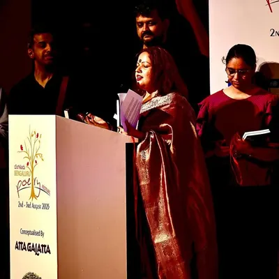 A proud moment for our whole community. Here I am on stage at the Bengaluru Poetry Festival, launching 'The BWW Book of Emerging Poets,' which features work from our talented writers. We don't just talk about writing; we work towards getting your stories published and heard.
