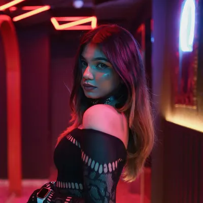 A shot from a photoshoot in a neon-lit corridor. My style is a mix of edgy and trendy, which reflects the modern sound I bring to my DJ sets.