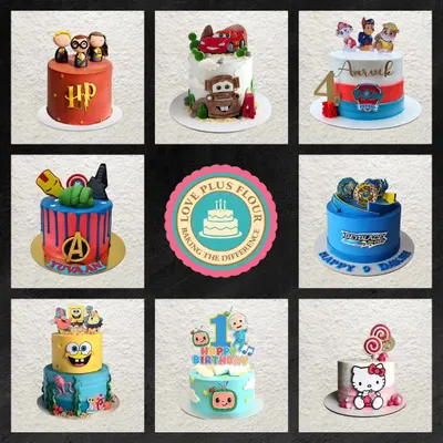 Here's a collage showcasing the wide range of character cakes I can create. From Harry Potter and The Avengers to Paw Patrol and Hello Kitty, I love turning your child's favorite heroes and friends into edible art.