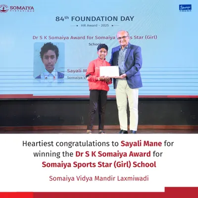 We congratulate Sayali Mane for winning the Dr S K Somaiya Award for Somaiya Sports Star (Girl) School at our 84th Foundation Day celebration. This award recognizes her outstanding achievements and dedication.