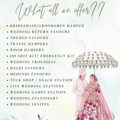 Planning a wedding? We've got you covered. This list outlines our comprehensive wedding services, from bridesmaid hampers and themed favors to live interactive stations and wedding stationery.