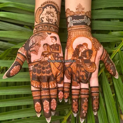 A complete Karwa Chauth story on both hands. One hand shows the couple together, while the other features the traditional Karwa Chauth puja scene, ready for the celebrations.