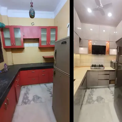 A side-by-side comparison of a kitchen we renovated. We replaced the old red cabinets and dark countertop with a sophisticated grey and white theme, complete with under-cabinet lighting that makes the space feel brighter and more modern.