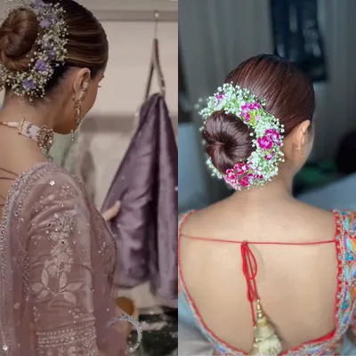On the right is a floral bun I created for a client, inspired by the celebrity look on the left. This style is perfect for a reception or sangeet, adding a touch of romance to any traditional outfit.