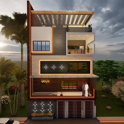 A 3D elevation concept for a multi-story home in Nagarbhavi, featuring intricate jali work on the top floor, recessed lighting, and a mix of dark stone and light-colored walls for a high-contrast, modern look.