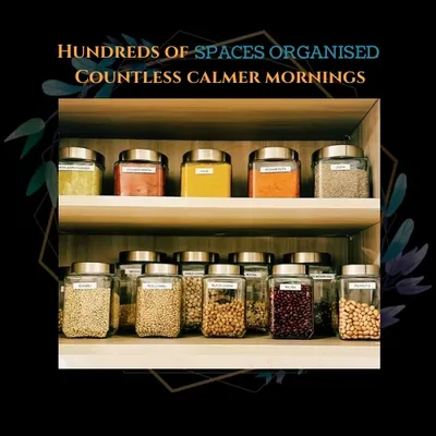 Hundreds of spaces organized lead to countless calmer mornings. These neatly labeled jars for spices and grains are a perfect example of how a simple system can bring peace to your kitchen.