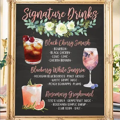 A beautifully designed chalkboard-style menu showcasing the signature drinks for an event. We work with you to name and create cocktails that fit your theme, like this menu featuring a Black Cherry Smash and a Rosemary Greyhound.