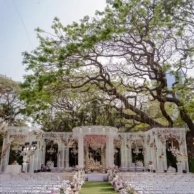 A breathtaking outdoor wedding setup, with a stunning floral mandap under a massive, ancient tree. This is what dream weddings are made of.