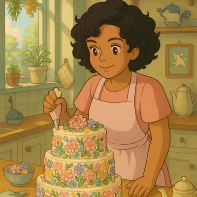 This is me in my element, happiest when I'm decorating a cake. This beautiful illustration perfectly captures the joy I find in my craft.