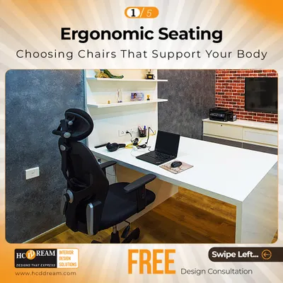 Ergonomics are crucial for a healthy workspace. This image showcases the importance of choosing the right chair, one with proper lumbar support, adjustable armrests, and a headrest to promote good posture during long work hours.