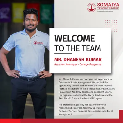 I am committed to building a team of experts. Here, we welcome Mr. Dhanesh Kumar, an Assistant Manager with years of experience in grassroots sports management, to our team.